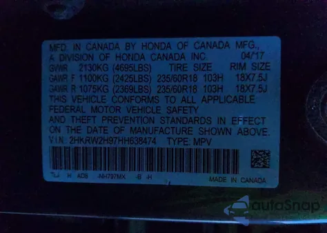 2017 Honda Cr-V Touring z USA, uszkodzony, nr VIN 2HKRW2H97HH638474